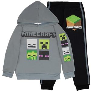 Minecraft Boys 2-Piece Fleece Sweatshirt and Pants Set, Long Sleeve Pullover Hoodie and Jogger Bundle for Kids (Gray/Black, Size 7)