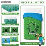 Jay Franco Kids Comforter Set Includes Sheets and Pillow Covers - Soft and Cozy Bed Set for Stylish Room Decor, Green - Minecraft Creeper, 7 Piece Full Size Bedding