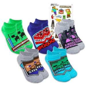 Minecraft Socks for Boys Set - Accessories Bundle With 5 Pairs of Socks for Kids Size 7-10, Ages 4-6 Plus Reward Stickers | Apparel Set