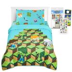 Minecraft Twin Bedding Set for Kids - Bundle with Bedspread, Flat Sheet, Fitted Sheet, and Pillowcase for Twin Bed Plus Posters, Stickers, More | Minecraft Bedroom Decor