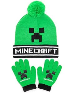 Minecraft Bobble Hat Gloves Set Creeper Knitted Beanie Gamer Gift One Size