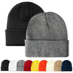 PFFY 2 Packs Unisex Beanie Hats for Men Women Knit Winter Beanies Black+Gray