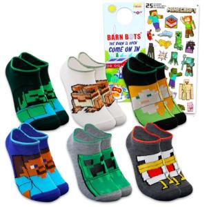 Minecraft Socks Set - Minecraft Accessories Bundle with 6 Pairs of Socks for Boys Age 6-8 Plus Stickers | Gift Set for Kids