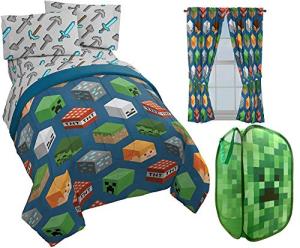 Jay Franco Minecraft Isometric Full Bed Set, Drapes and Creeper Pop Up Hamper Bundle