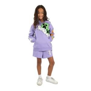 Minecraft Creeper Blocks Girl's Purple Drop Shoulder Hoodie & Cargo Sweatshorts Set-14
