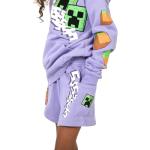 Minecraft Creeper Blocks Girl's Purple Drop Shoulder Hoodie & Cargo Sweatshorts Set-14