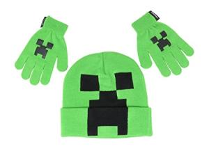 Minecraft Creeper Face Kids Costume Beanie Hat Cap and Gloves Set New Green