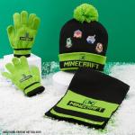 Minecraft Boys Beanie Hat Gloves And Scarf Set, Winter Accessory Set - Boys Gift (One Size, Green/Black Character)
