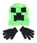 Minecraft Creeper Face Flip Down Cuff Kids Beanie Hat Cap and Gloves Set New Green