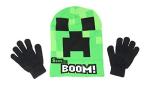 Minecraft Creeper Face Flip Down Cuff Kids Beanie Hat Cap and Gloves Set New Green