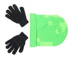 Minecraft Creeper Face Flip Down Cuff Kids Beanie Hat Cap and Gloves Set New Green