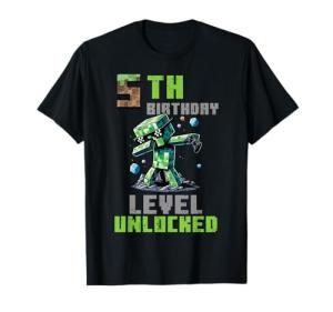 5th Birthday Level Unlocked Pixel Dab 5 Bday Gamer Boys Kids T-Shirt