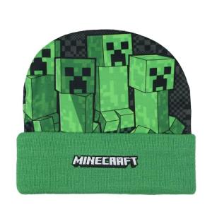 Minecraft Beanie Creeper Mob Sublimation Fleece Design Knit Cuffed Hat with Pom Green