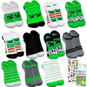 Minecraft Socks Set - Accessories Bundle with 12 Pairs of No Show Socks for Kids Size 10-4, Ages 6-8 Plus Stickers, More | Video Game Apparel