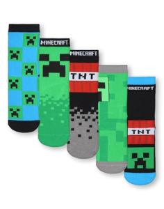 Minecraft Boys Socks Set of 5 | Childrens Character Calf Socks with Creeper and TNT All Over Print in Black, Green and Blue