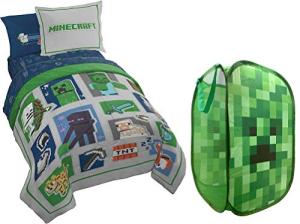 Jay Franco Minecraft Patchwork Twin Bed Set and Creeper Pop Up Hamper Bundle