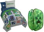 Jay Franco Minecraft Patchwork Twin Bed Set and Creeper Pop Up Hamper Bundle
