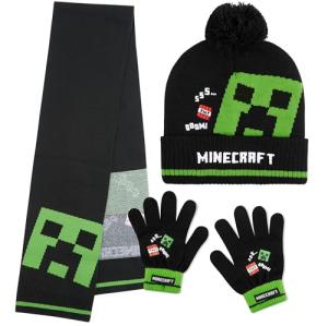 Minecraft Winter Set for Boys, Teens, 3 Piece Hat Scarf Gloves or 2 Piece Gloves & Hat, Winter Accessories, Gifts for Boys (6-14 Years, Black Minecraft, 3 Pcs)