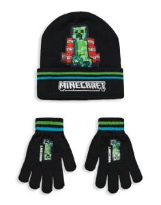 Minecraft Boys Beanie & Gloves Set | Gamer Kids TNT Creeper Graphic Knitted Winter Bundle Character Hat & Gloves
