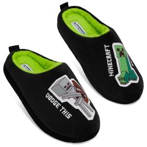 Minecraft Boys Slippers, Cozy Indoor House Shoes - Gamer Gifts for Boys (Black/Green, 2.5/3.5 US)