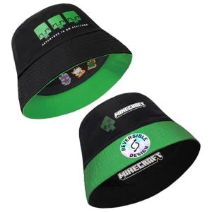 Minecraft Boys Bucket Hat, Sun Hat for Kids Beach Summer Holiday Essentials - Gifts for Gamers (Black/Green Reversible)