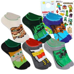 Minecraft Socks Set - Video Game Accessories Bundle with 6 Pairs of Socks for Teens, Adults Shoe Size 3-9 Plus Stickers Apparel Set for Men