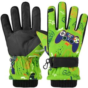 Kids Ski Gloves Waterproof Winter Snow Snowboarding Gloves Non Slip Windproof Sport Mittens for Boys Girls Youth Sledding Riding Driving Hiking (Game Green, 6-10 Years)