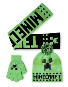Minecraft Boys Beanie, Gloves & Scarf Set | Kids One Size Green Knitted Winter Pom Pom Hat | Warm Gloves & Scarf with Creeper Character Face Logo | Mojang Video Game Merchandise Gift