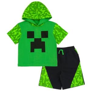 Minecraft Creeper Little Boys Hooded Cosplay T-Shirt and French Terry Shorts Outfit Set Green/Black 6