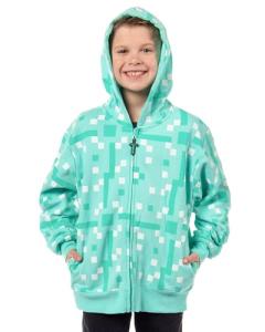 Mad Engine Minecraft Boys' Diamond Steve Allover Pixelated Design Big Kids Full-Zip Hoodie Rubber Sword Zipper Pull (2X-Large) Mint Green