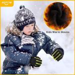 AOTOW Kids Winter Warm Sports Gloves - Cold Weather Thermal Cycling Glove for Football Running Riding, Touchscreen Full Finger Anti-Slip Children Mittens Age 6 8 Years Boys Girls Black-Green
