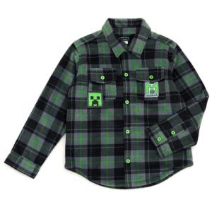 Minecraft Creeper Big Boys Flannel Shacket with Fleece Lining Plaid Gray/Green 10-12