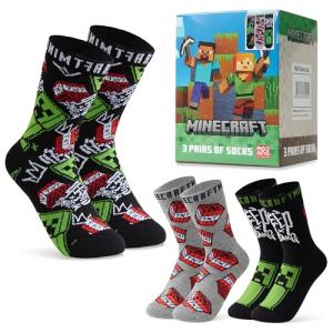 Minecraft Boys Crew Socks - Soft, Breathable Youth Socks Pack of 3 or 5 - Gamer Gifts (Black/Grey, 7-10 Years)