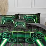 BDUCOK 5 Piece Gamer Comforter Sets Bed in A Bag for Boys Teen Kids,Honeycomb Gaming Bedding Sets Gamepad Comforter Microfiber Bed Set for All Season Gamer Home Decor(Green, 5 Piece Sets30021-Twin)