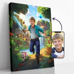 Turn Me Royal Custom Portrait from Photo, Personalized Funny Wall Art Print, Unique Birthday Gift, Wall Art Canvas, Funky Painting (Epic Minecraft Gamer, 24" x 36")
