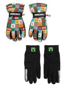 Bioworld Minecraft Youth Ski Gloves Creeper Steve Chicken Diamond Sword Design with Sure Grip Liners (L/XL)