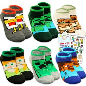 Minecraft Socks Set for Boys - Video Game Apparel Bundle with 6 Pairs of Socks for Toddler Boys Size 4.5-8.5 Plus Stickers Set for Ages 3-5