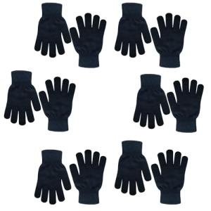 Winter Magic Knit Gloves - 6 Pairs, Stretchy Full Fingers, Suitable for Kids, Teens & Women - All Black Series, One Size Fits All