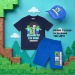 Minecraft Boys 3-Piece Creeper, Skeleton, Zombie Set - Short Sleeve Graphic T-Shirt, Shorts, and Baseball Cap Outfit for Kids (Blue, Size 7)