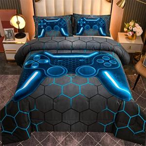 NTBED 5pcs Game Console Comforter Set for Boys Girls Kids Gaming Geometric Bed in a Bag Lightweight Microfiber Gamer Bedding Sets (Blue, Twin)