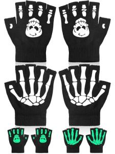 Bencailor 2 Pairs Halloween Glow in the Dark Fingerless Gloves Skeleton Knitted Skull Gloves Cosplay Costume Accessories(5-11 Years)