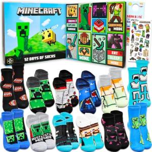 Minecraft Countdown to Christmas Advent Calendar Socks Set Age 4-6 - Bundle with 12 Pairs of Socks for Boys Size 7-10 | Minecraft Sock Gift Box (US, Age, 4, 6, Multicolor)