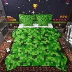 Green Pixelated Gamer Bedding Set Queen Size,Video Games 7Pcs Comforter Set,Kids Boys Girls Teens Room Decor,Cartoon Gamepad Bed in a Bag Modern Geometric Check Flat Fitted Sheet,2 Pillowcases