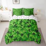 Green Pixelated Gamer Bedding Set Queen Size,Video Games 7Pcs Comforter Set,Kids Boys Girls Teens Room Decor,Cartoon Gamepad Bed in a Bag Modern Geometric Check Flat Fitted Sheet,2 Pillowcases