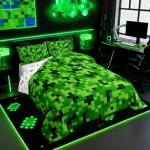 Green Pixelated Gamer Bedding Set Queen Size,Video Games 7Pcs Comforter Set,Kids Boys Girls Teens Room Decor,Cartoon Gamepad Bed in a Bag Modern Geometric Check Flat Fitted Sheet,2 Pillowcases