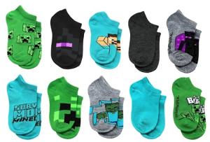 Minecraft No Show Socks for Boys, 10 Pair Multi Pack, Steve, Alex, Creeper, Zombie, Socks for Kids, Small