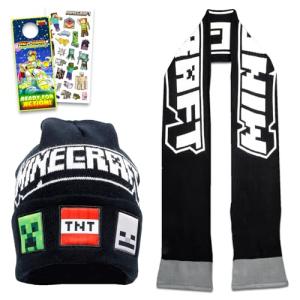 Minecraft Hat and Scarf Set for Kids - Gamers Bundle with TNT Mobs Beanie and Scarf Plus Stickers, More | Minecraft Winter Gear for Boys