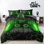 Z.Jian HOME Gamer Bedding Set, 5 Piece Twin Size, Green, for Boys Girls Kids Teens, Video Game Bedding Decorative Bed in a Bag with Comforter, Sheets, Pillow Case, Cushion Cover