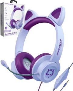 HyperGear Kombat Kitty Headphones for Kids Headphones with Cord Cute Cat Ear Kid Wired (Purple) Gaming Headset for Girls w/Mic Toddler Corded Headphone for Kids for School, Home, Streaming, Recording