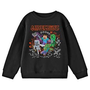 Minecraft Steve and Mobs with Doodle Background Youth Black Crew Neck Sweatshirt-XL